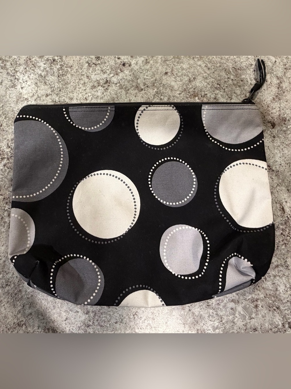 Thirty-One Large Zipper Pouch - Retired Black/Grey Circle Spirals Dot
